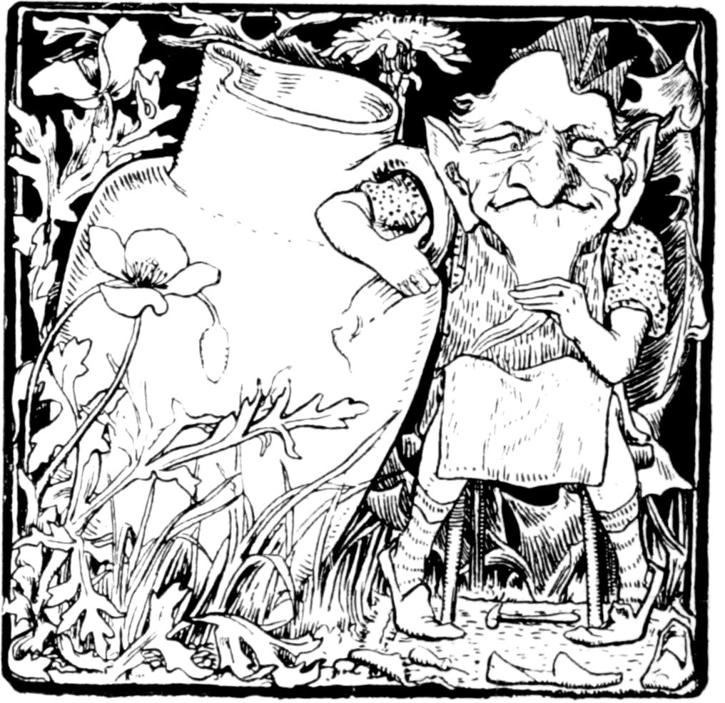 Leprechaun with his pot of gold. Illustration from Celtic Fairy Tales.