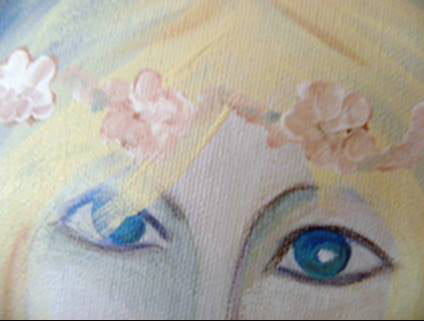 Cropped illustration focusing on the eyes of a samodiva from a larger painting, used to illustrate a blog post about Slavic nature spirits