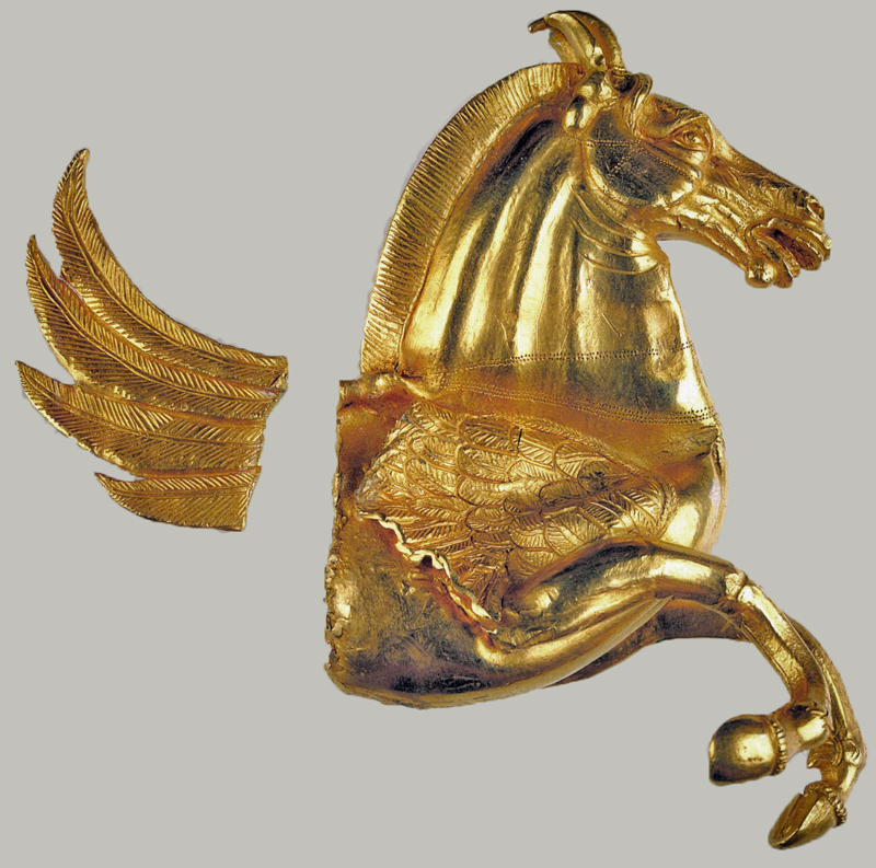 A golden Thracian pegasus, found in Vazovo, Bulgaria. Ivorrusev, CC BY-SA 3.0 https://creativecommons.org/licenses/by-sa/3.0, via Wikimedia Commons 
