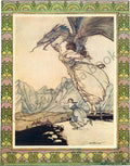 Vintage fairy-tale digital illustration of a dragon seizing the queen from the fairy tale of "The Nine Peahens and the Golden Apples" in The Allies Fairy Book by Arthur Rackham, 1916