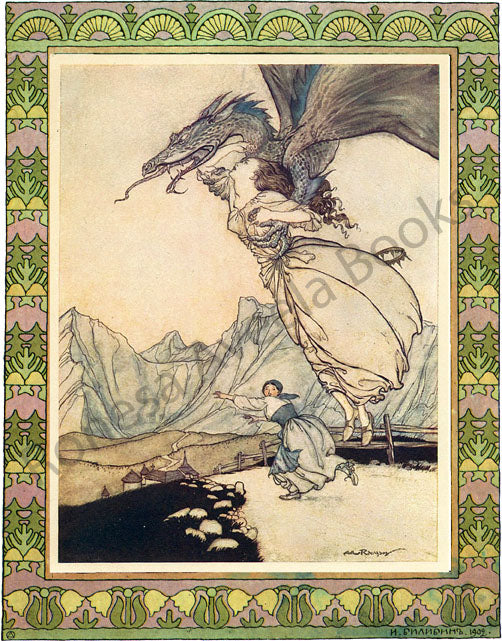 Vintage fairy-tale digital illustration of a dragon seizing the queen from the fairy tale of "The Nine Peahens and the Golden Apples" in The Allies Fairy Book by Arthur Rackham, 1916