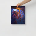Mockup of a hand holding a Baba Yaga wall poster  by Alexander Petkov. Commissioned illustration with chicken hut, skull fence, and cat familiar.