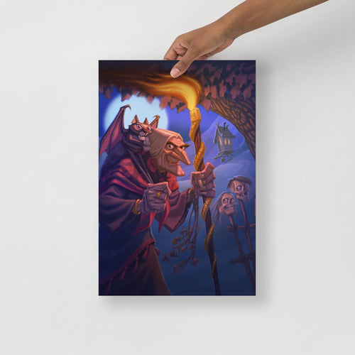 Mockup of a hand holding a Baba Yaga wall poster  by Alexander Petkov. Commissioned illustration with chicken hut, skull fence, and cat familiar.
