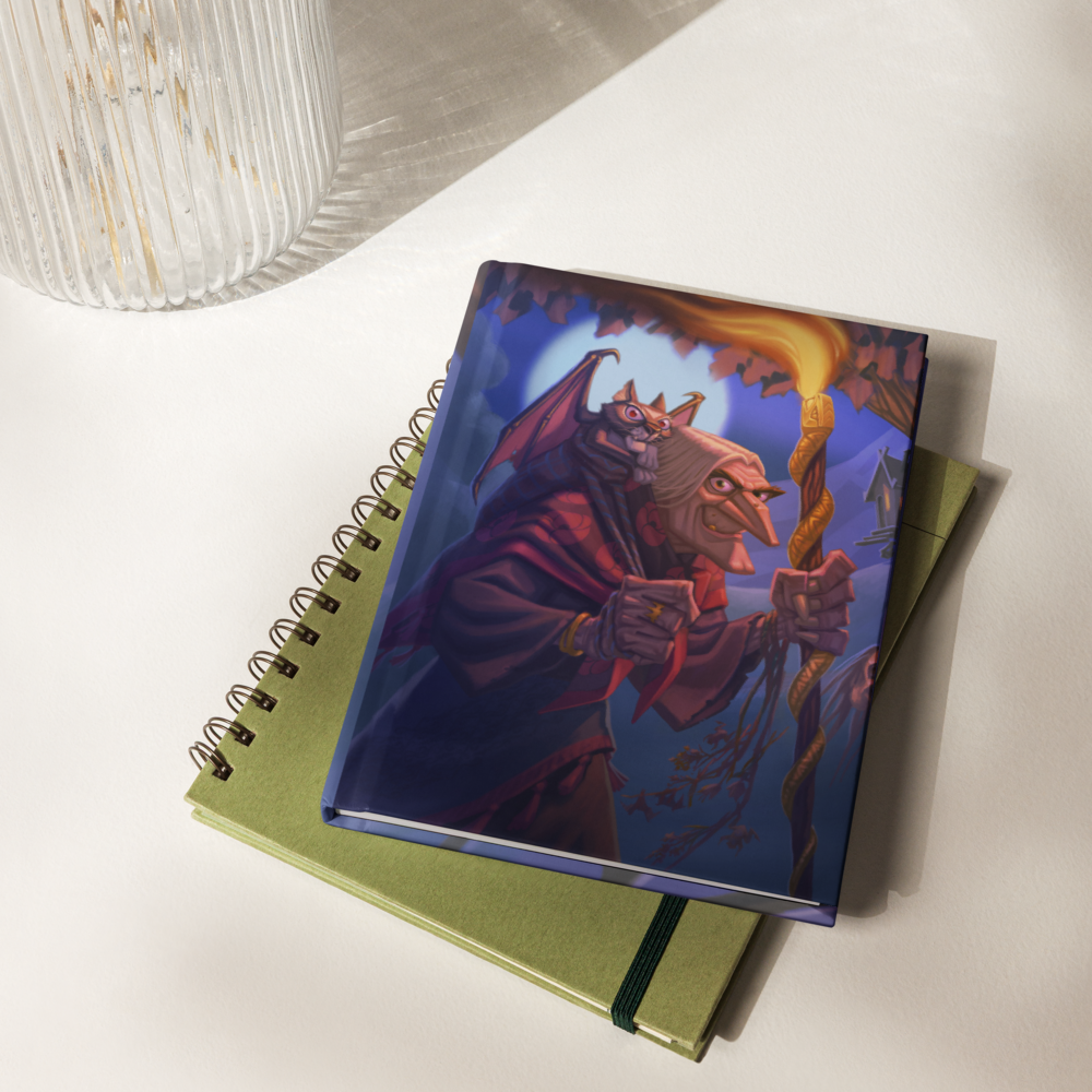 Mockup of Baba Yaga hardcover journal  by Alexander Petkov., whowing it with a spiral notebook Commissioned illustration with chicken hut, skull fence, and cat familiar.
