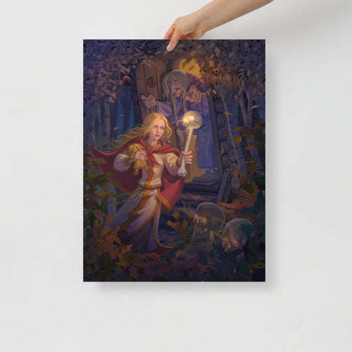 Poster of Baba Yaga and Vasilisa digital art print by Alexander Petkov. Commissioned illustration of the flaming skull from Slavic folklore.
