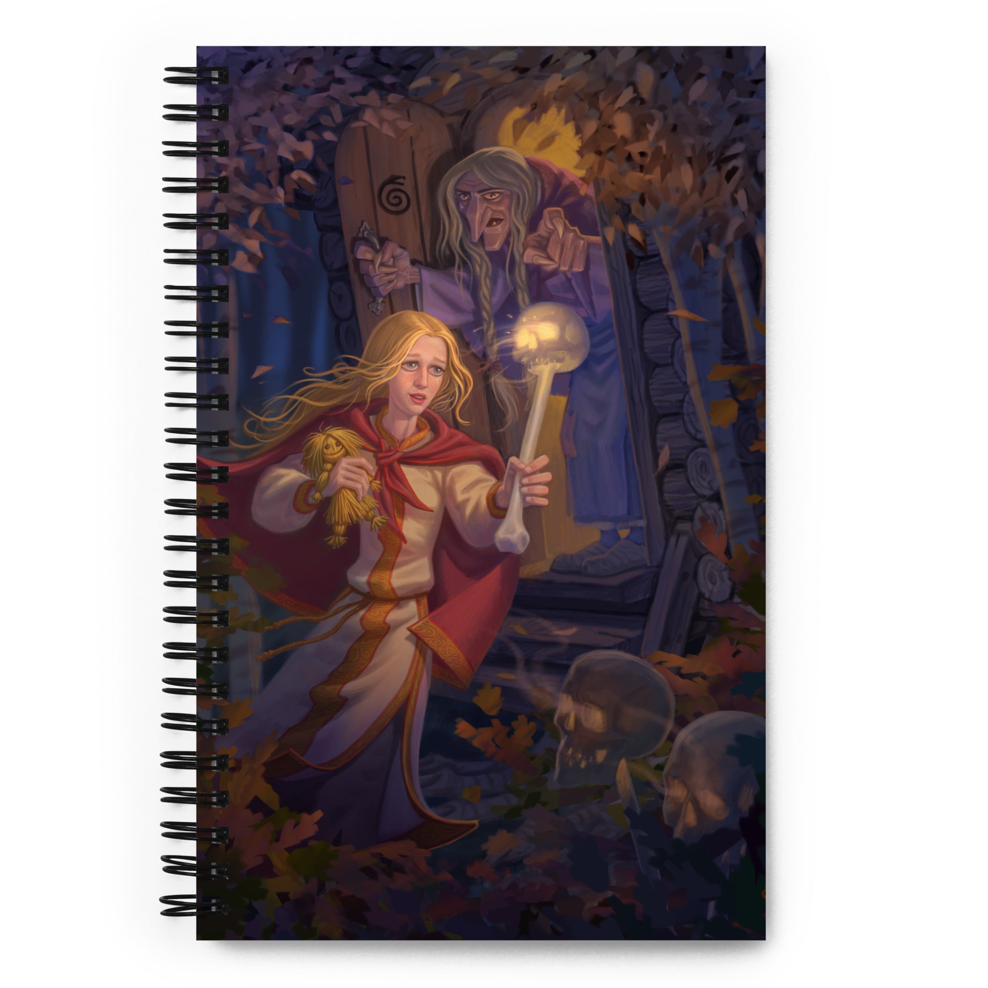 Spiral notebook of Baba Yaga and Vasilisa digital art print by Alexander Petkov. Commissioned illustration of the flaming skull from Slavic folklore.