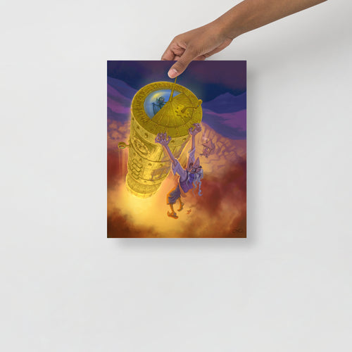 Poster from commissioned digital illustration by Alexander Petkov of a modern Baba Yaga. This digital art print features the witch launching into space on her upgraded mortar, the Chutura Pestle XSpace.