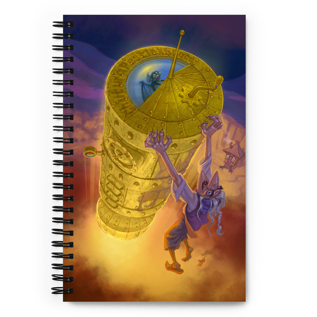 Spiral notebook from commissioned digital illustration by Alexander Petkov of a modern Baba Yaga. This digital art print features the witch launching into space on her upgraded mortar, the Chutura Pestle XSpace.
