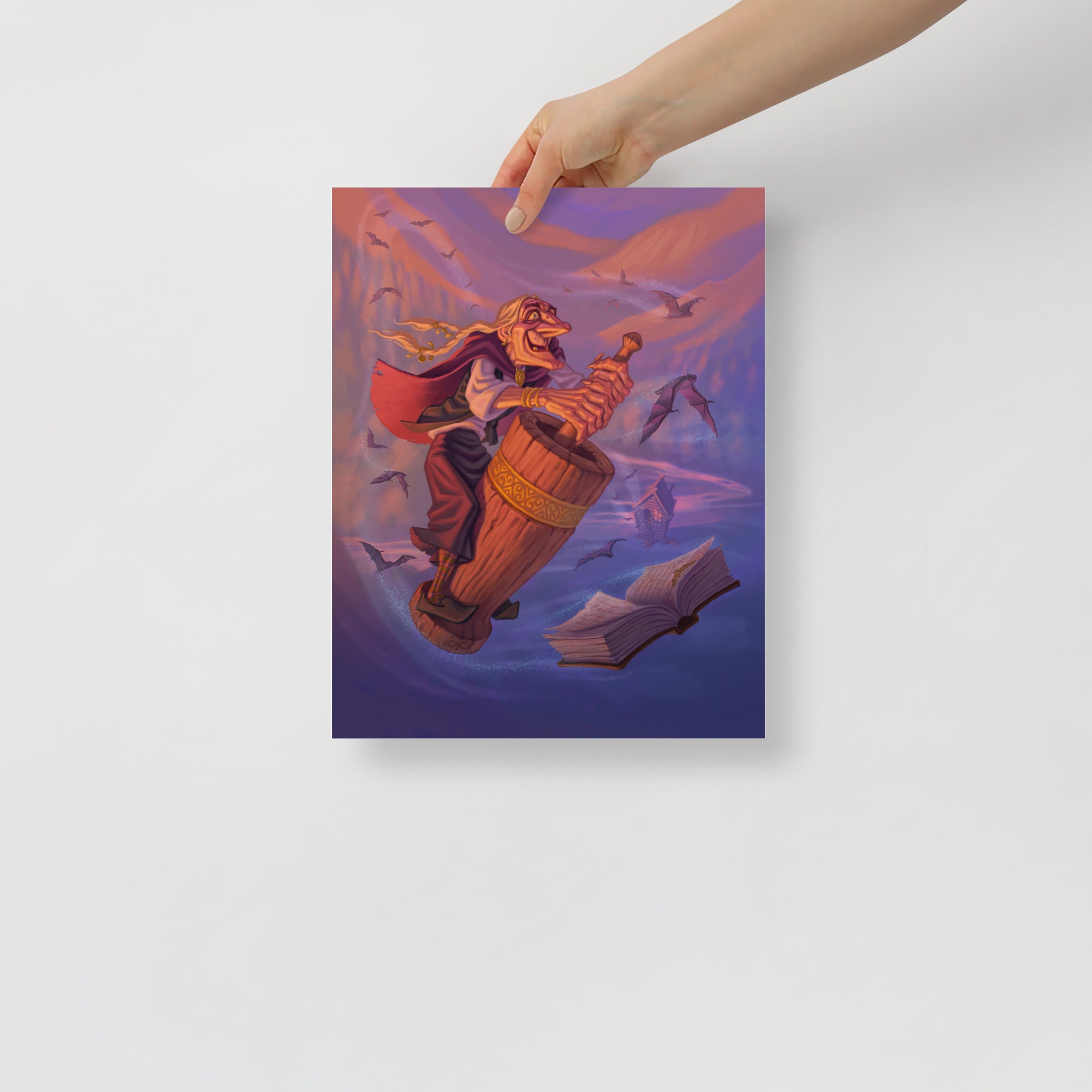 Poster of Baba Yaga digital art print by Alexander Petkov. Commissioned illustration of the Slavic witch flying in her mortar with a pestle.