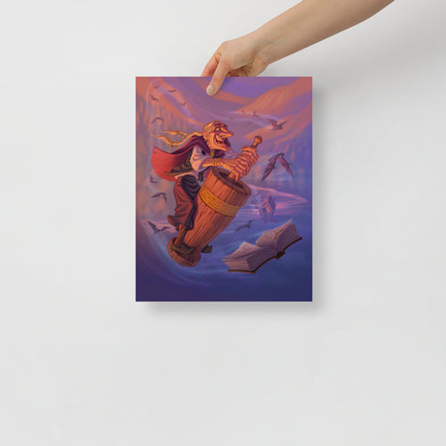 Poster of Baba Yaga digital art print by Alexander Petkov. Commissioned illustration of the Slavic witch flying in her mortar with a pestle.