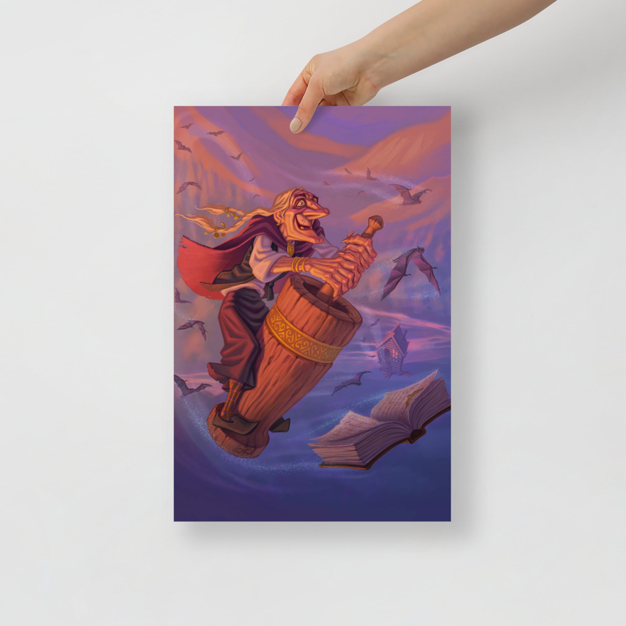 Poster of Baba Yaga digital art print by Alexander Petkov. Commissioned illustration of the Slavic witch flying in her mortar with a pestle.