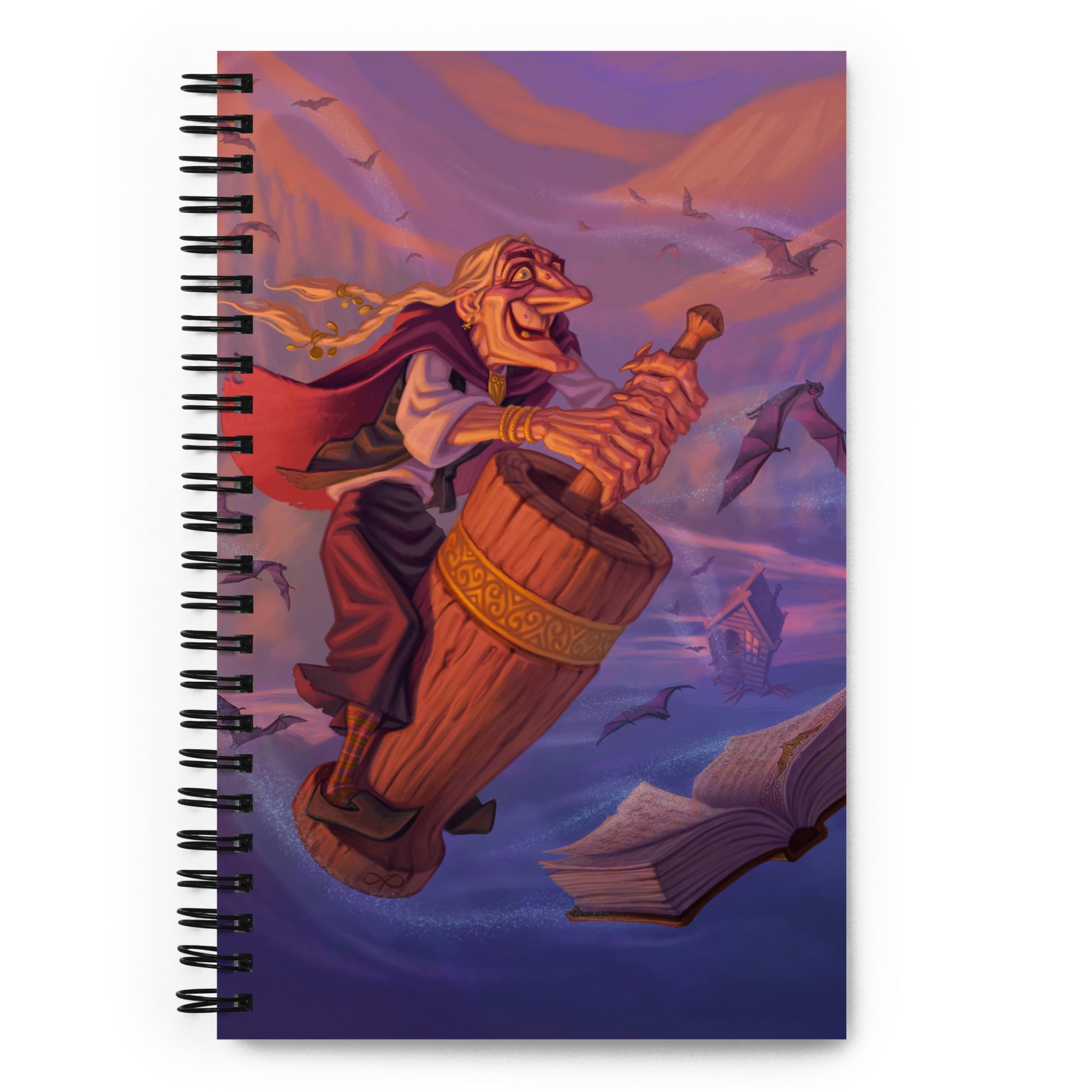 Spiral notebook of Baba Yaga digital art print by Alexander Petkov. Commissioned illustration of the Slavic witch flying in her mortar with a pestle.