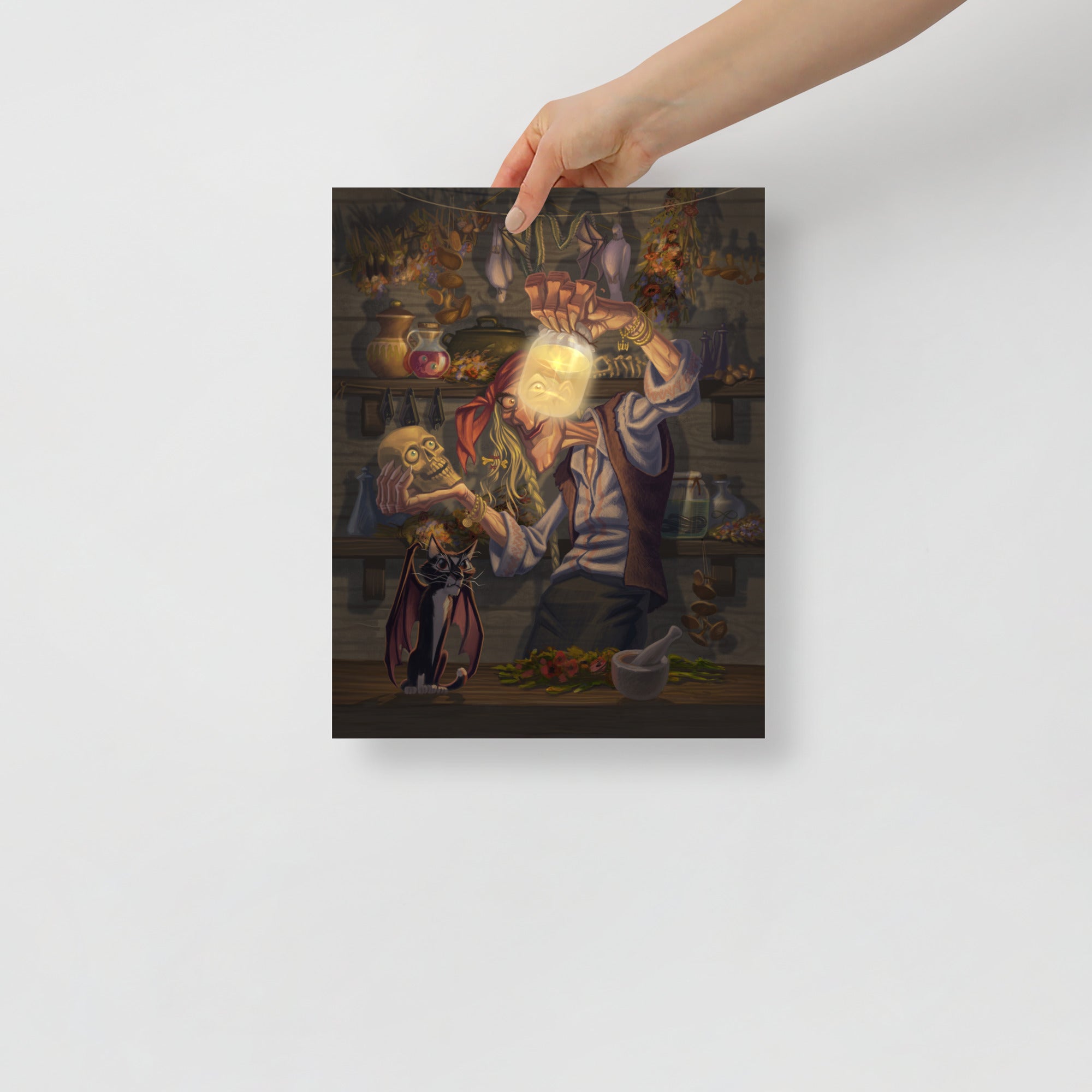 Poster of Baba Yaga folklore digital art print by Alexander Petkov. Commissioned illustration of the Slavic witch with spells and magical herbs.