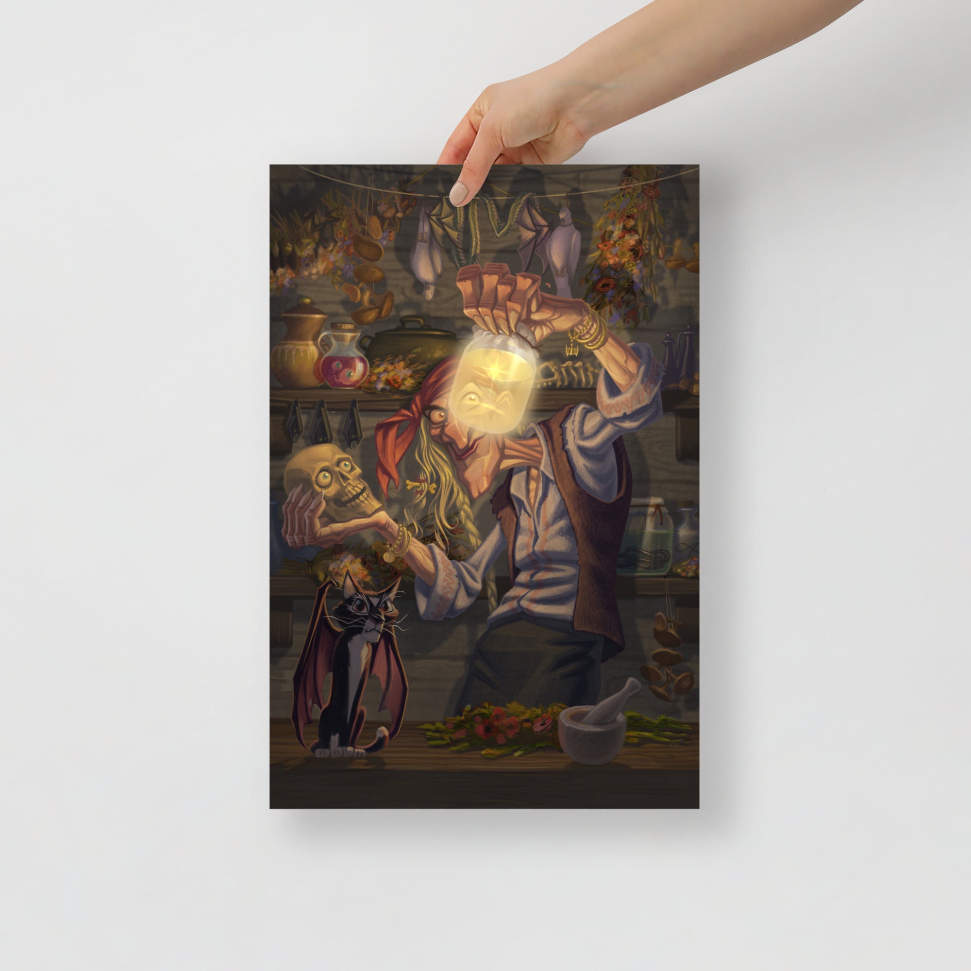 Poster of Baba Yaga folklore digital art print by Alexander Petkov. Commissioned illustration of the Slavic witch with spells and magical herbs.