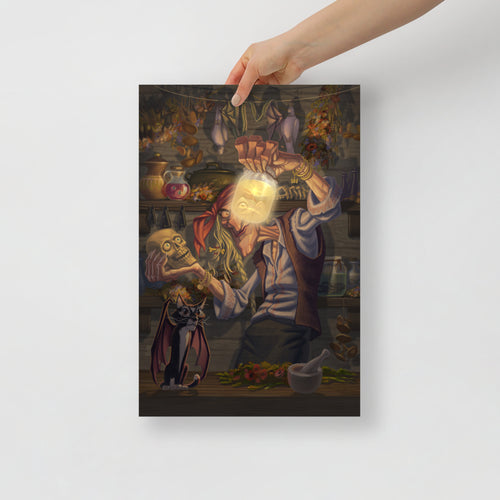 Poster of Baba Yaga folklore digital art print by Alexander Petkov. Commissioned illustration of the Slavic witch with spells and magical herbs.