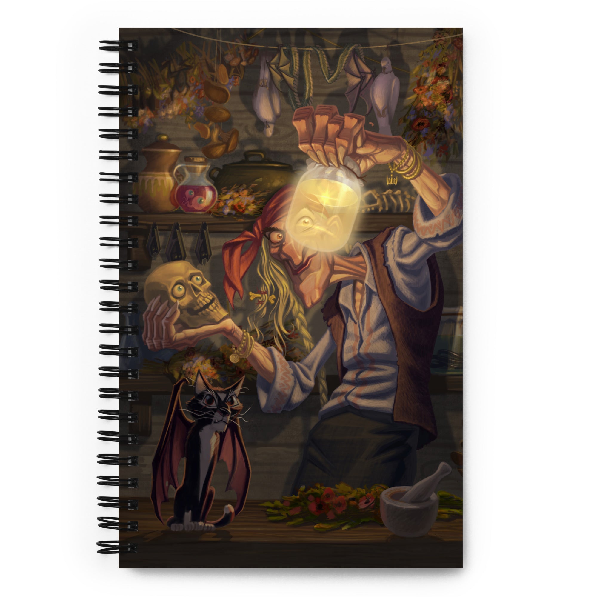 Spiral notebook with Baba Yaga folklore digital art print by Alexander Petkov. Commissioned illustration of the Slavic witch with spells and magical herbs.