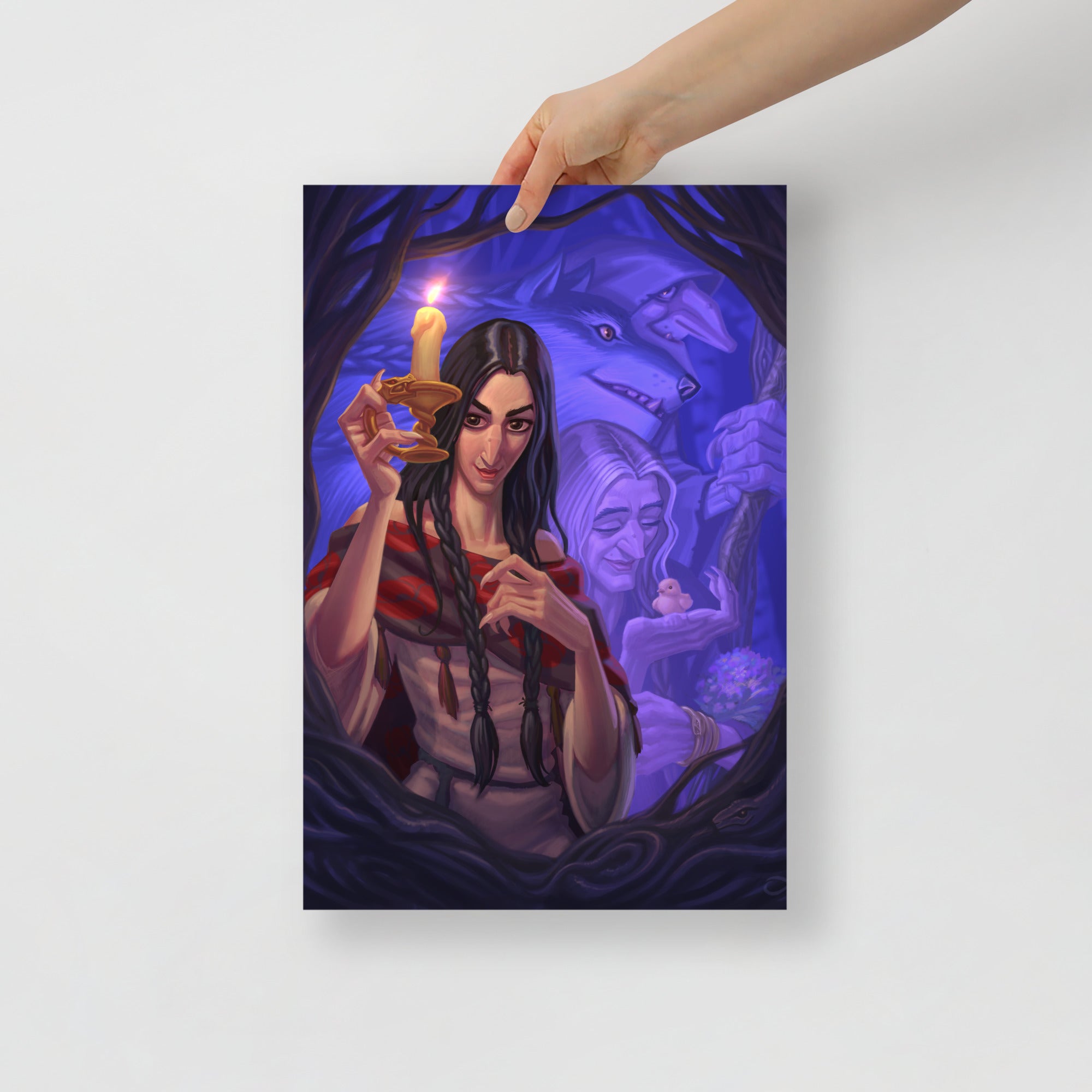 Poster of Baba Yaga triple goddess digital art print by Alexander Petkov. Commissioned illustration showing Maiden, Mother, and Crone aspects.