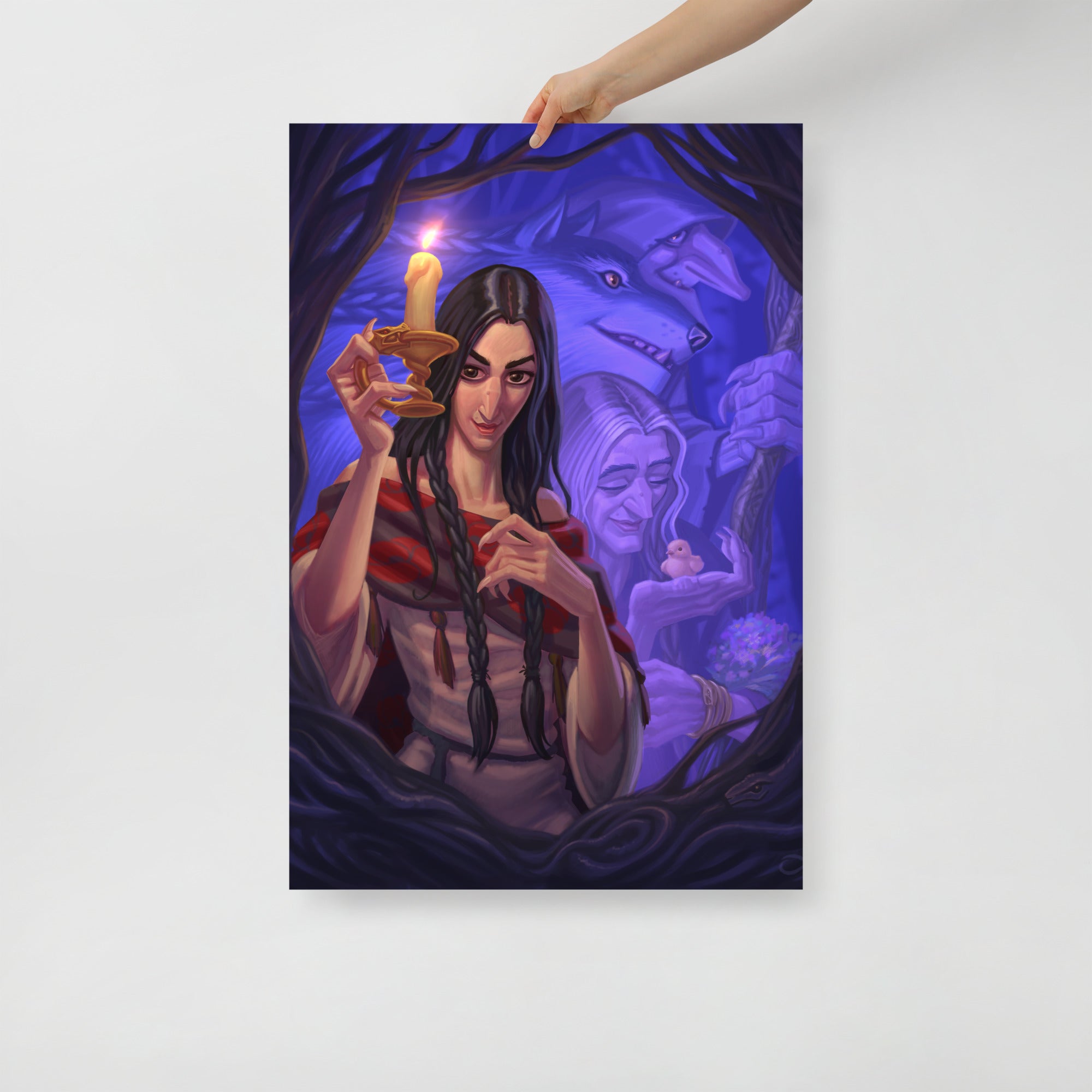 Poster of Baba Yaga triple goddess digital art print by Alexander Petkov. Commissioned illustration showing Maiden, Mother, and Crone aspects.