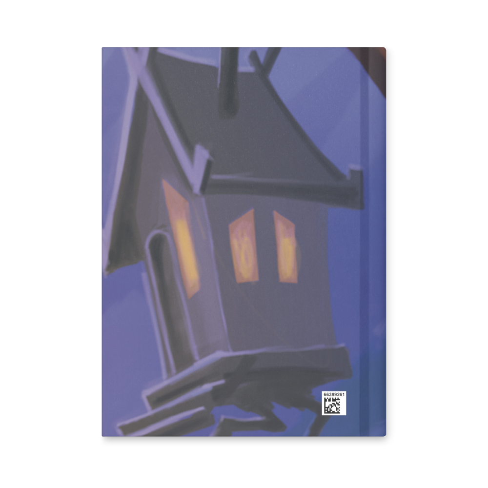 Back cover of Baba Yaga hardcover journal  by Alexander Petkov, showing her chicken hut. Commissioned illustration with chicken hut, skull fence, and cat familiar.
