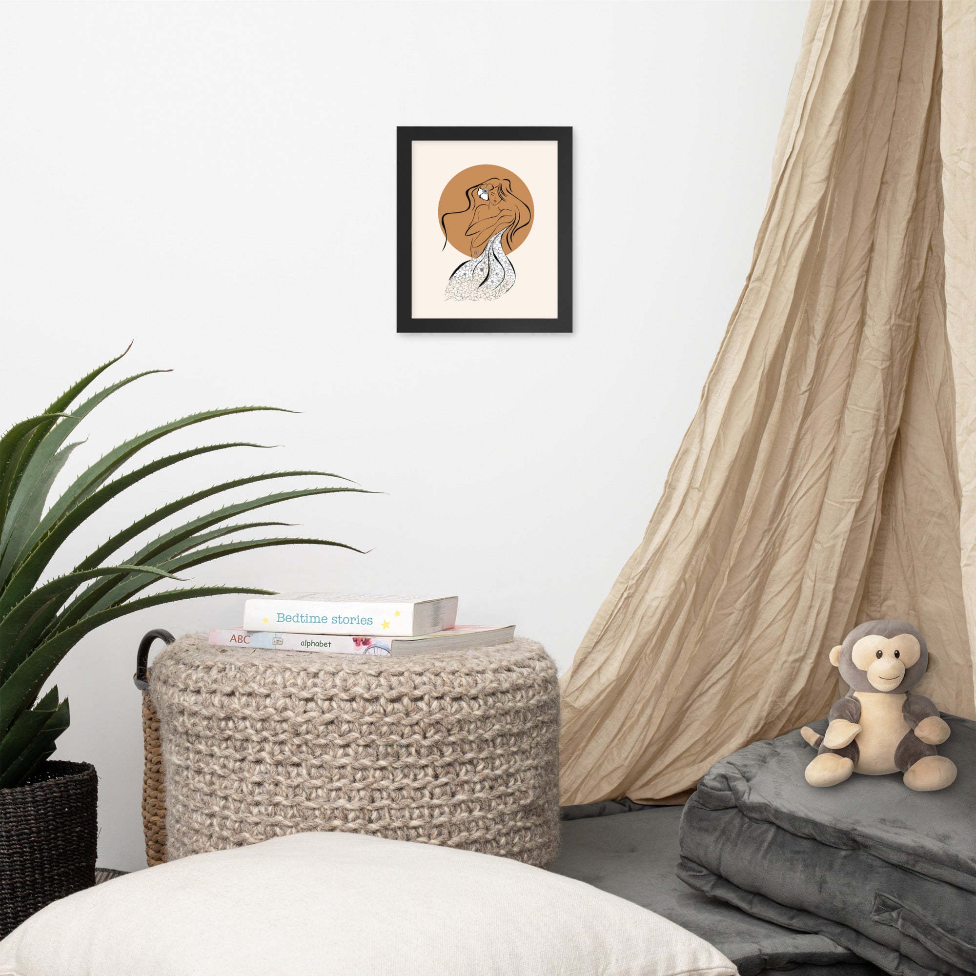Mockup of black framed poster of a Samodiva, a divine folklore spirit digital art print by Nelinda. Illustration portraying the Samodiva as a divine forest spirit.