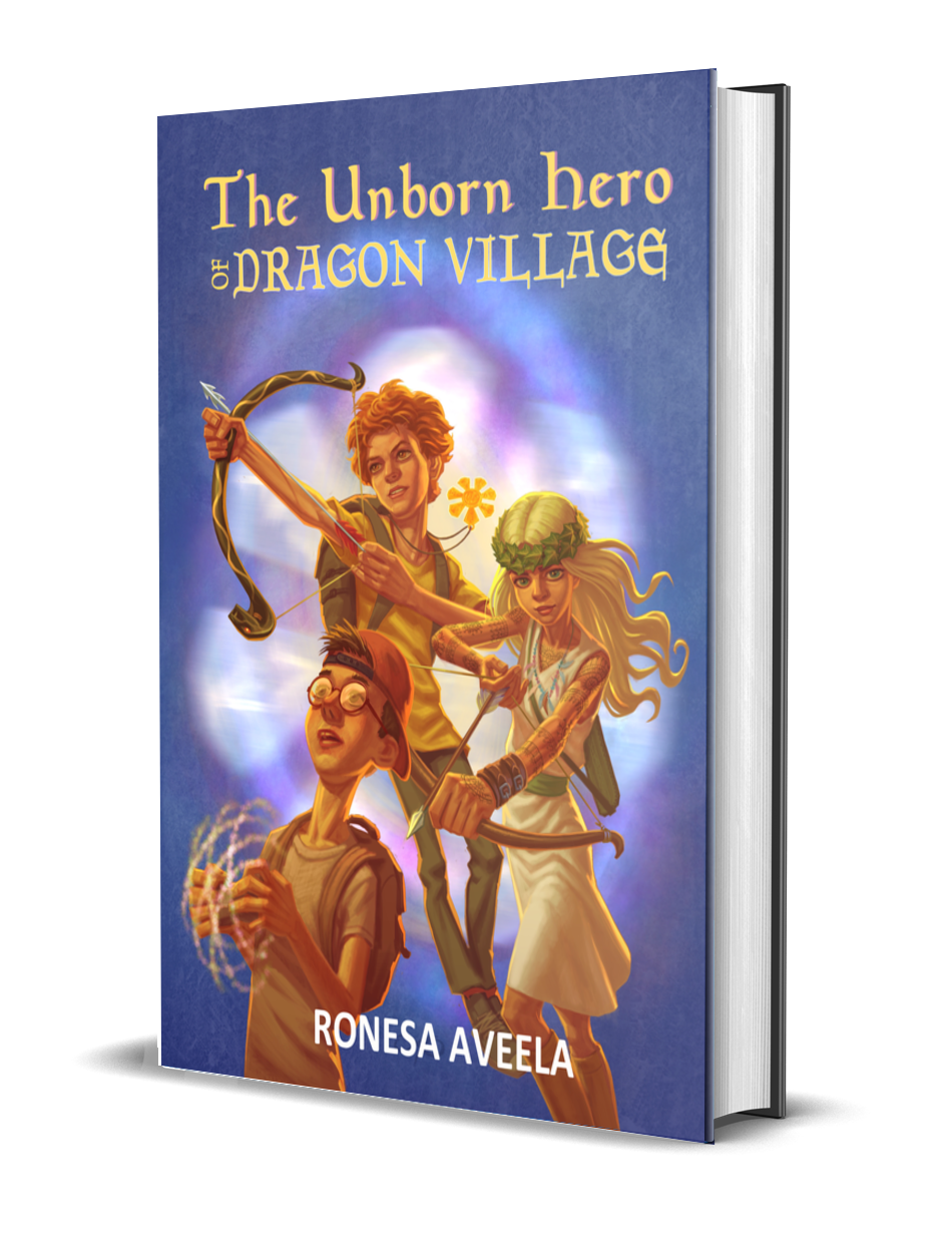 Hardcover of The Unborn Hero of Dragon Village, Book 1 in the Dragon Village middle-grade fantasy series by Ronesa Aveela, a Slavic portal fantasy and coming-of-age adventure