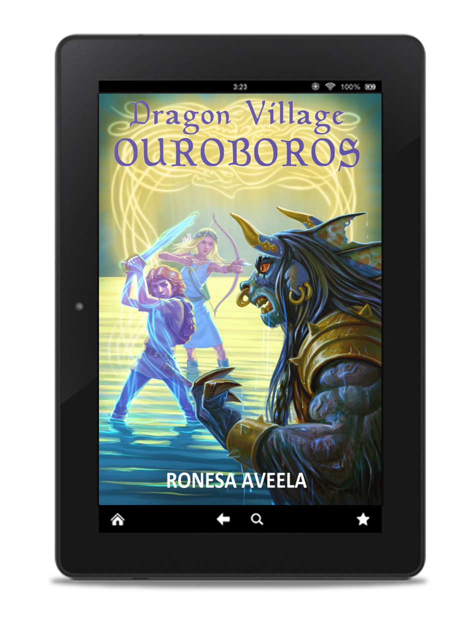Ebook of Dragon Village Ouroboros, Book 3 in the Dragon Village middle-grade fantasy series by Ronesa Aveela, featuring myth-inspired adventure and destiny