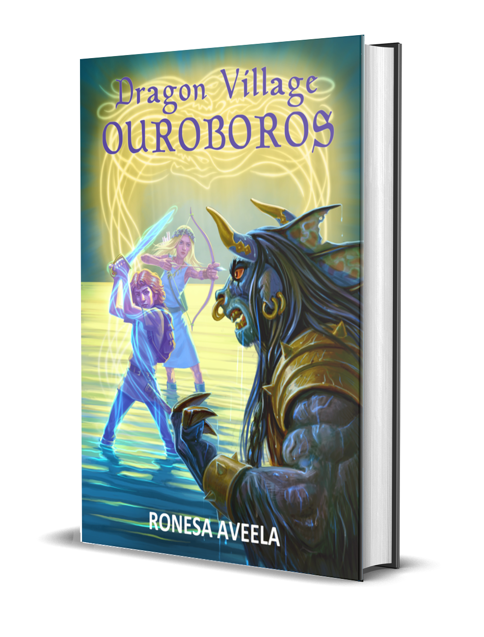Hardcover of Dragon Village Ouroboros, Book 3 in the Dragon Village middle-grade fantasy series by Ronesa Aveela, featuring myth-inspired adventure and destiny