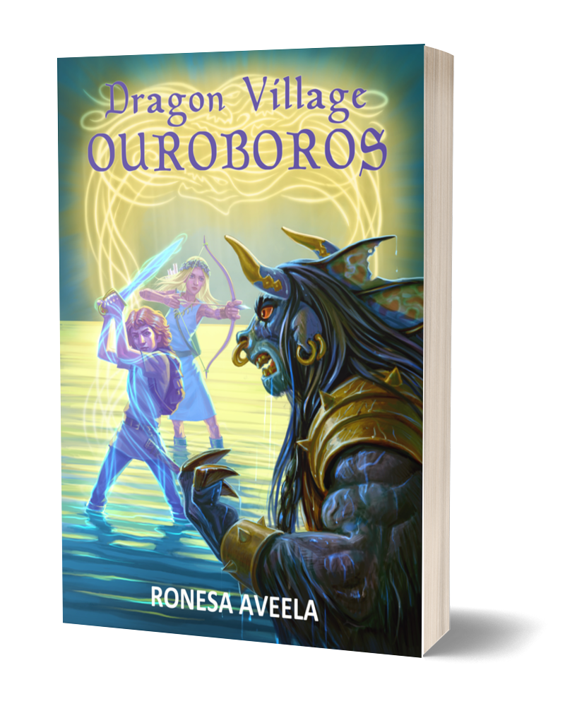 Paperback of Dragon Village Ouroboros, Book 3 in the Dragon Village middle-grade fantasy series by Ronesa Aveela, featuring myth-inspired adventure and destiny
