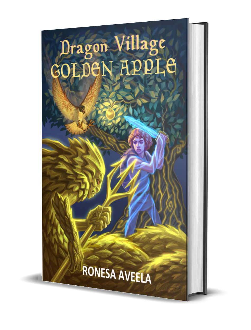 Hardcover of Dragon Village Golden Apple, Book 4 in the Dragon Village middle-grade fantasy series by Ronesa Aveela, drawing on Slavic legends and magical quests