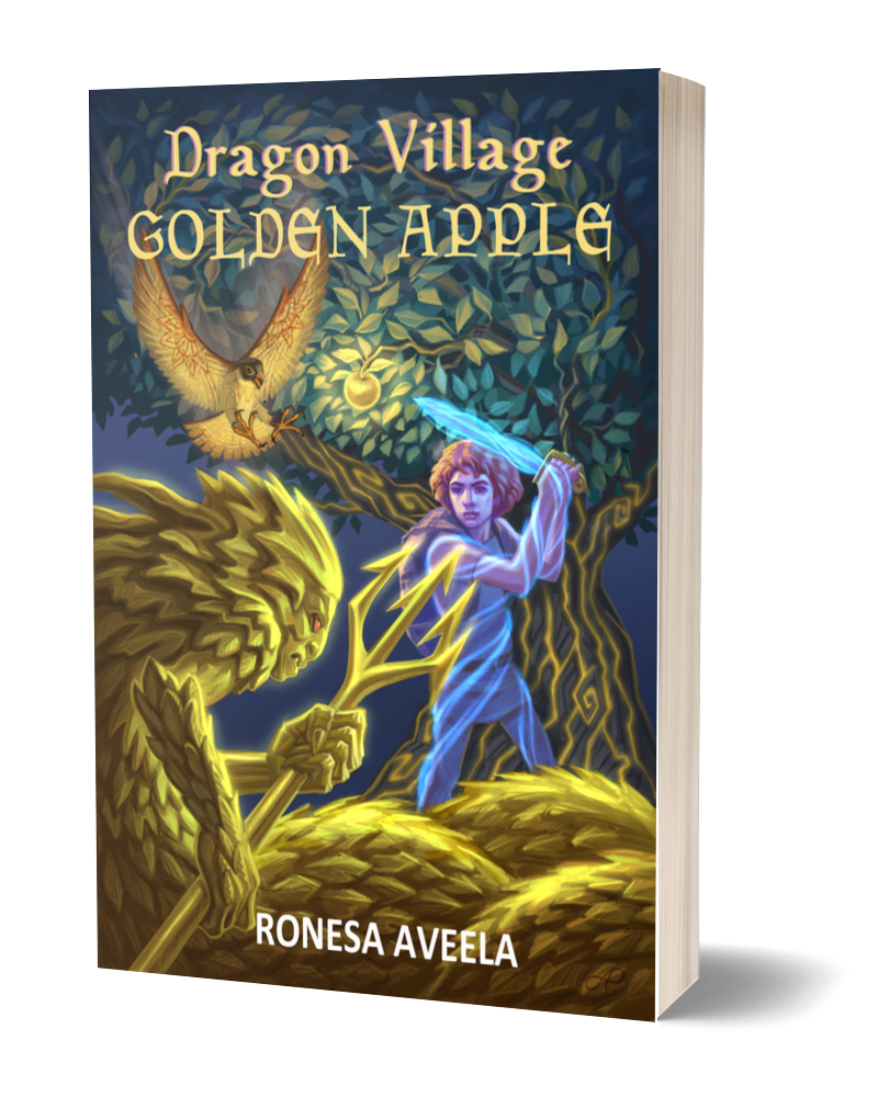 Paperback of Dragon Village Golden Apple, Book 4 in the Dragon Village middle-grade fantasy series by Ronesa Aveela, drawing on Slavic legends and magical quests