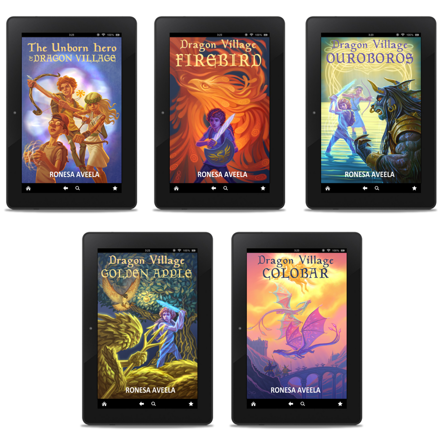 Covers of Dragon Village series by Ronesa Aveela, ebooks for the Slavic portal fantasy, coming-of-age middle grade stories