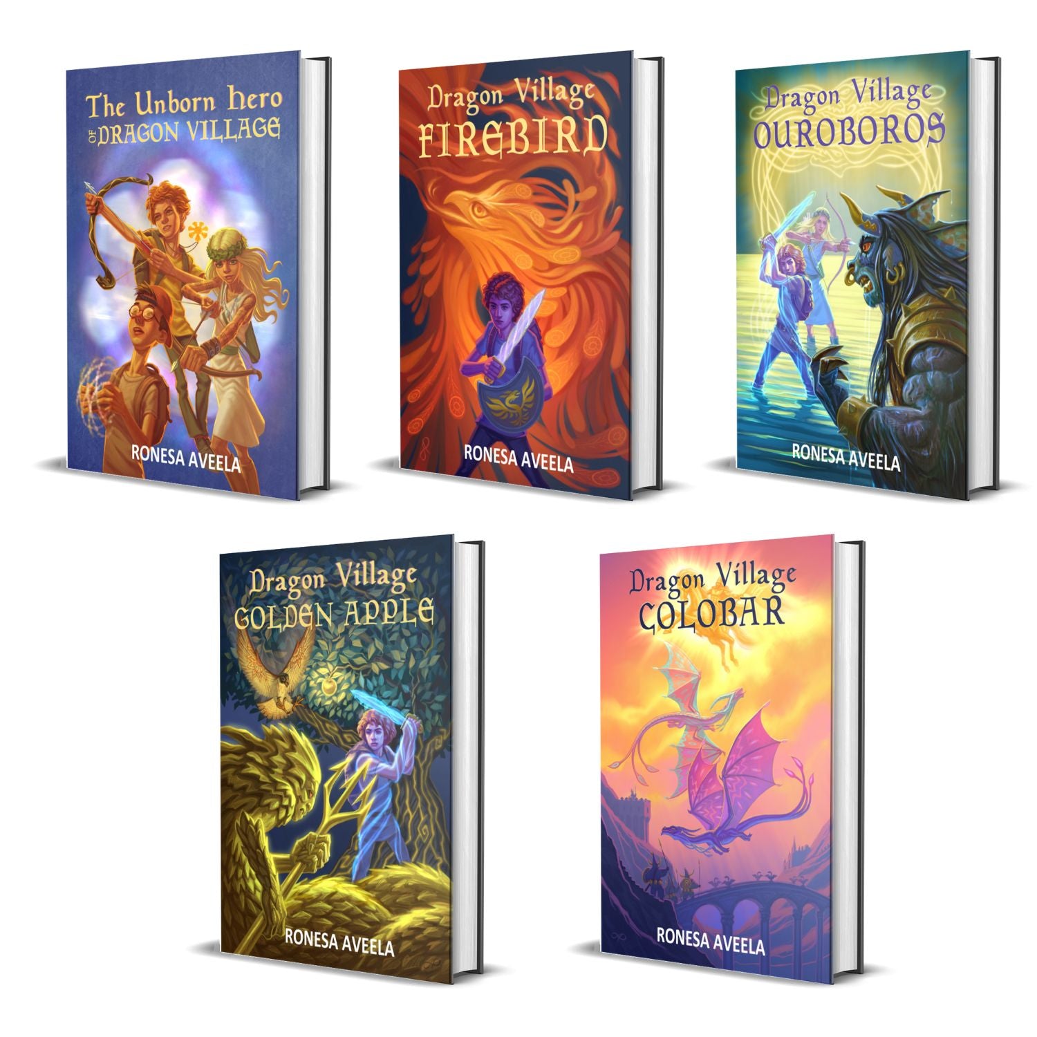 Covers of Dragon Village series by Ronesa Aveela, hardcovers for the Slavic portal fantasy, coming-of-age middle grade stories