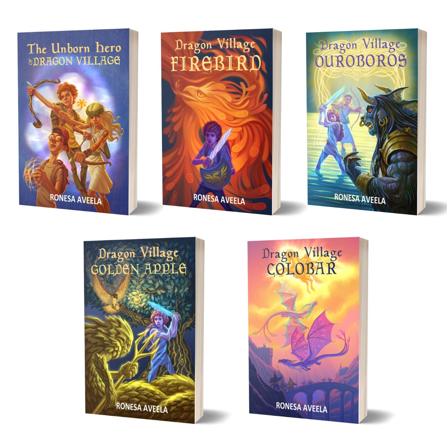 Covers of Dragon Village series by Ronesa Aveela, paperbacks for the Slavic portal fantasy, coming-of-age middle grade stories