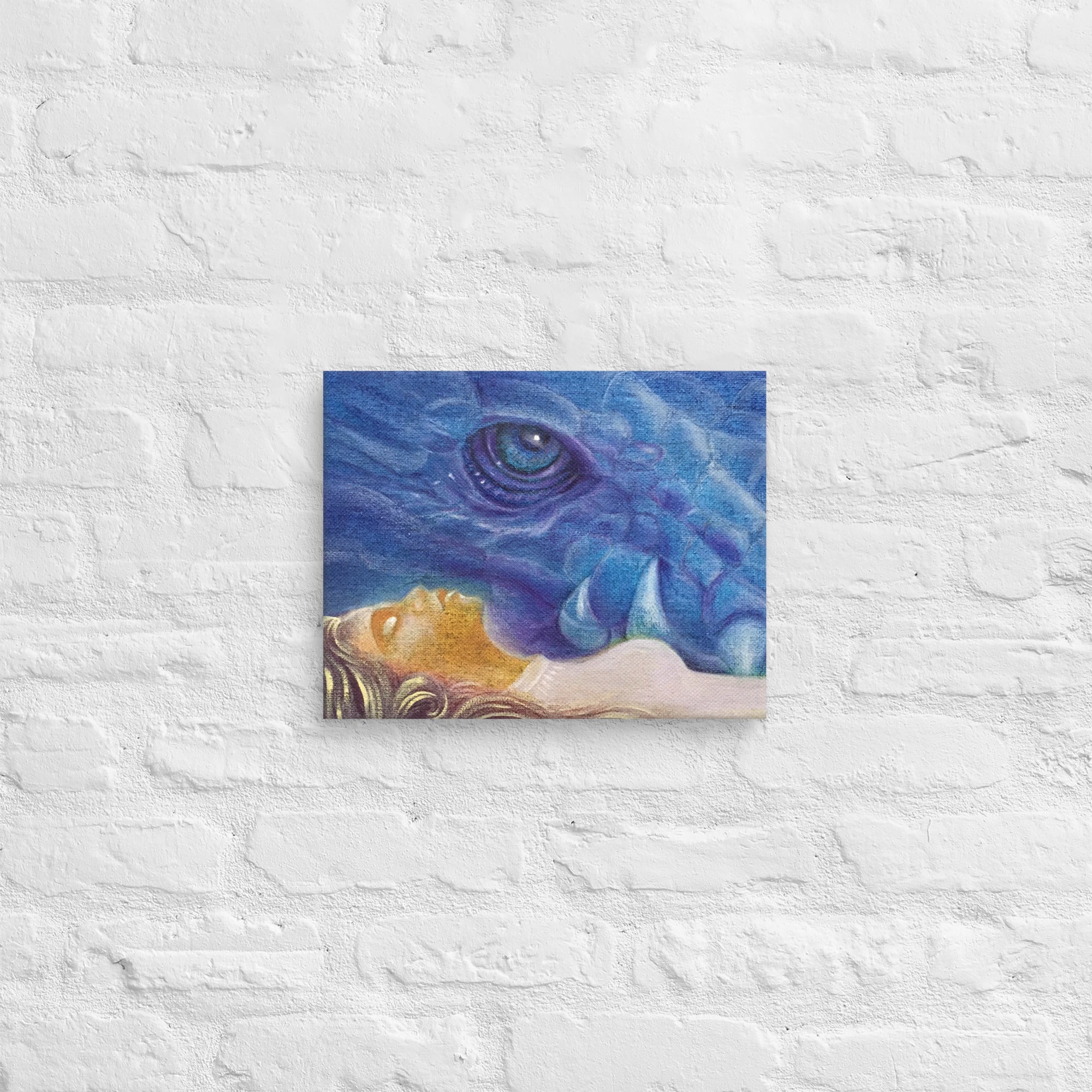 Canvas of Zmey folklore digital painting by Nelinda. Illustration of a dragon watching over his enchanted maiden bride.