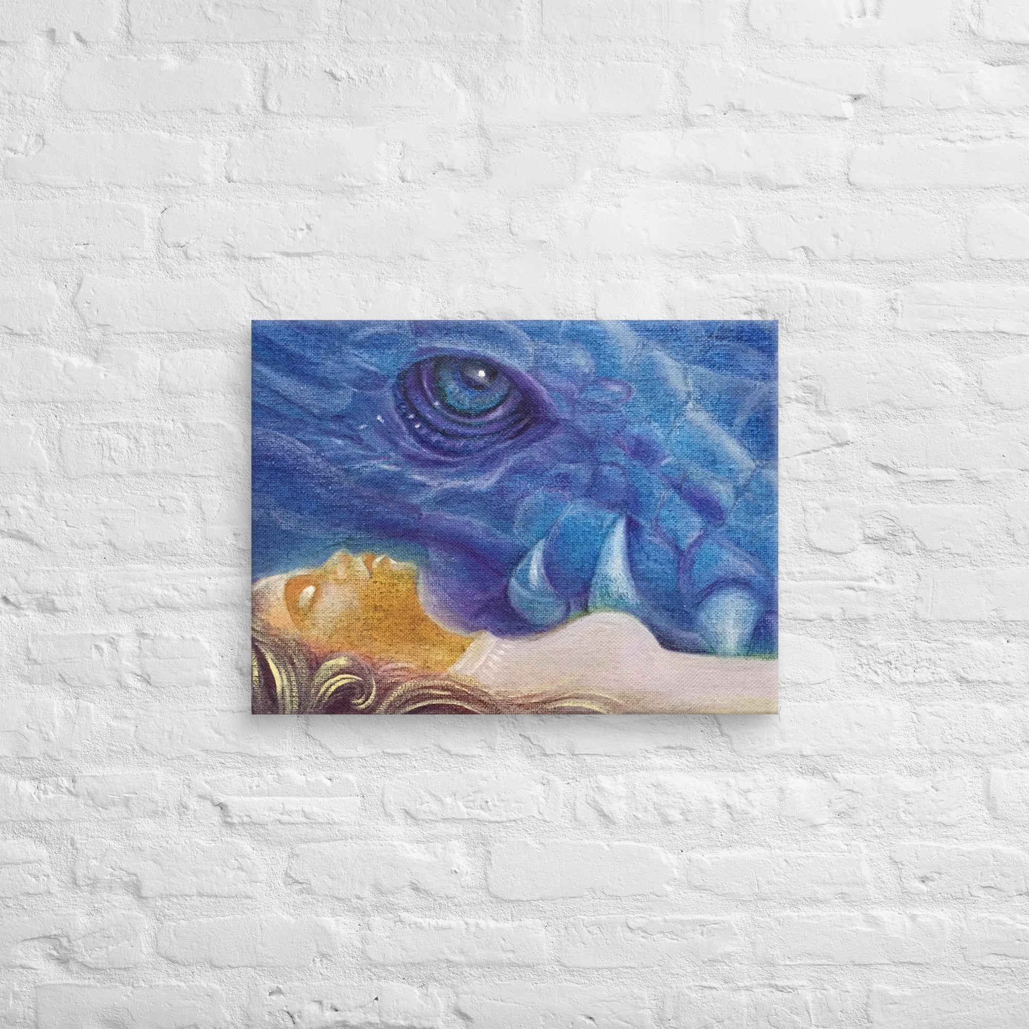Canvas of Zmey folklore digital painting by Nelinda. Illustration of a dragon watching over his enchanted maiden bride.