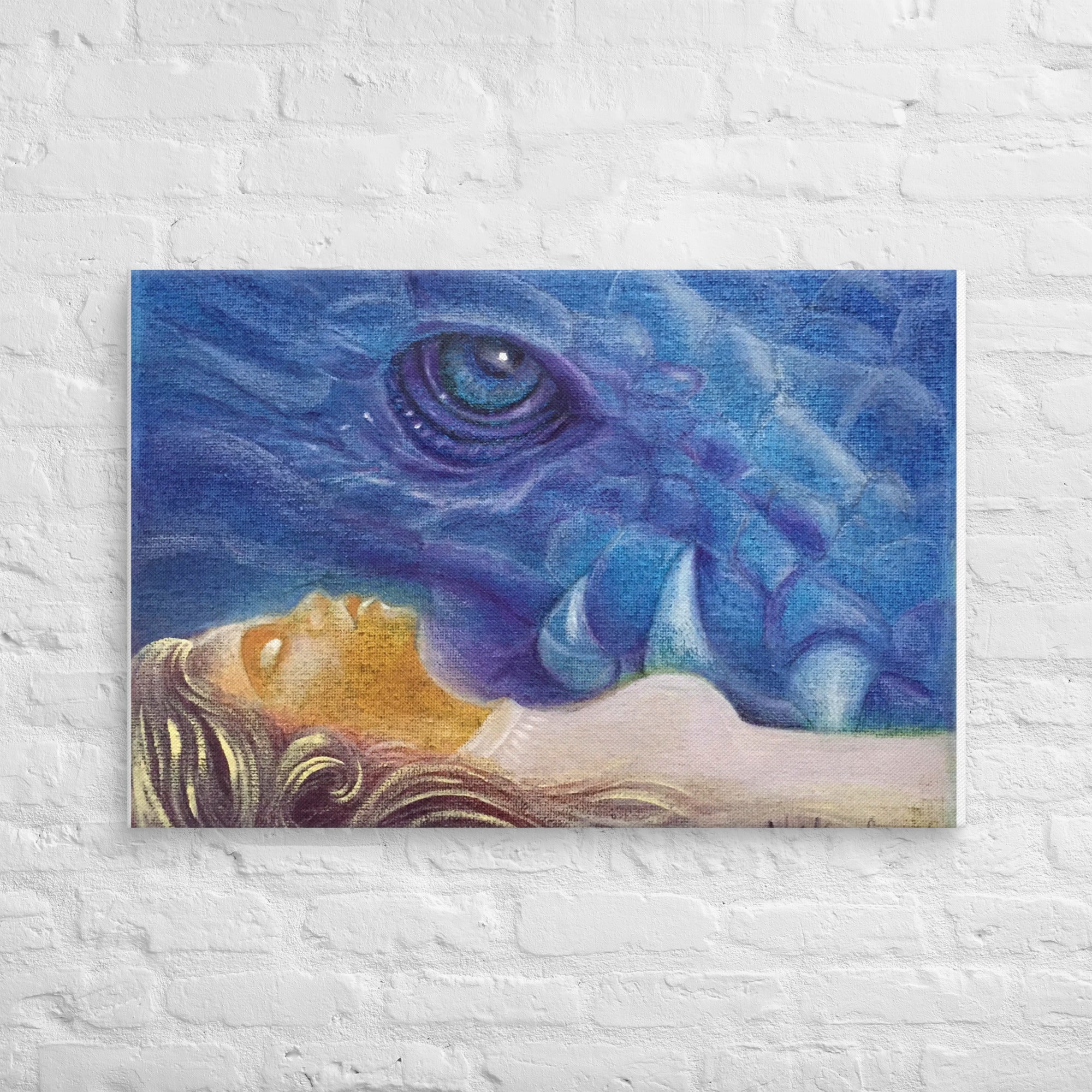 Canvas of Zmey folklore digital painting by Nelinda. Illustration of a dragon watching over his enchanted maiden bride.