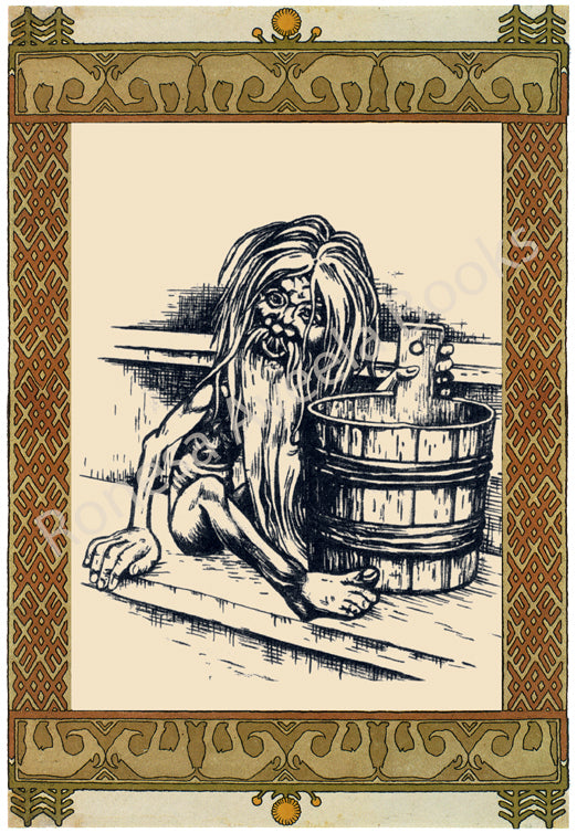 Folklore digital illustration of the Bannik, the Slavic bathhouse spirit, by artist Ivan Bilibin
