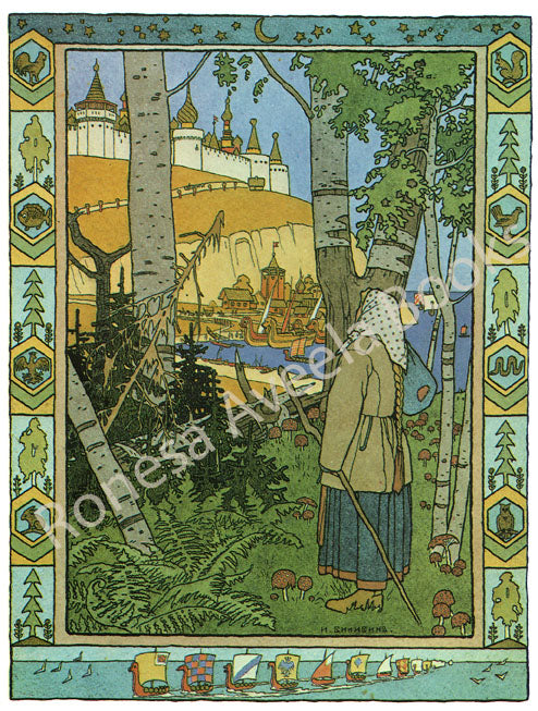 Folklore digital illustration of a maiden before the Kingdom of Finist the Falcon by Ivan Bilibin, 1900