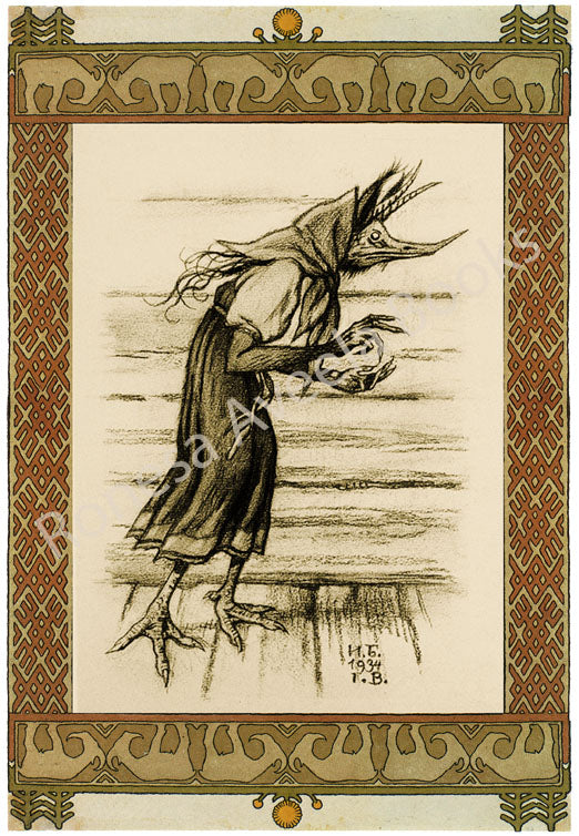 Vintage digital illustration of the Kikimora, a mischievous Slavic folklore spirit, by Ivan Bilibin