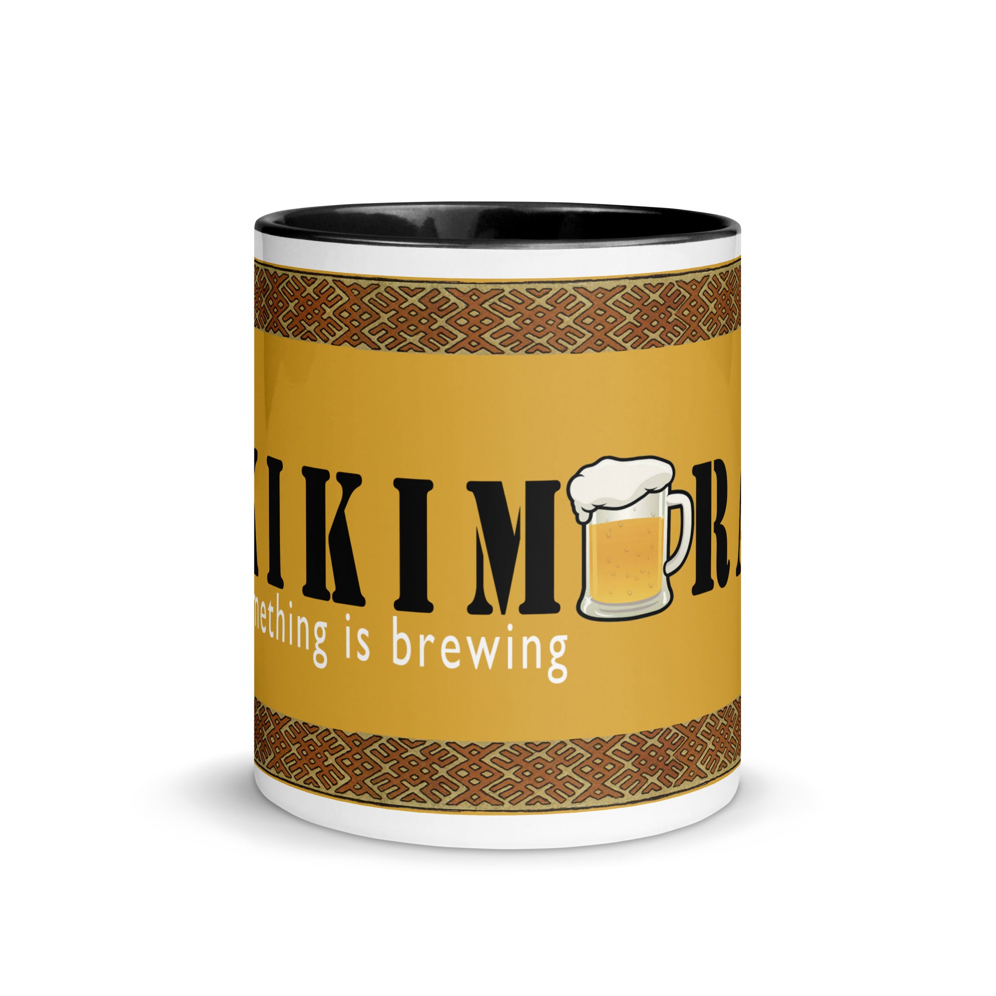 White ceramic mugs with color inside and saying "Kikimora Something is brewing." Referencing the Slavic folklore tales that the swamp creature brews beer.