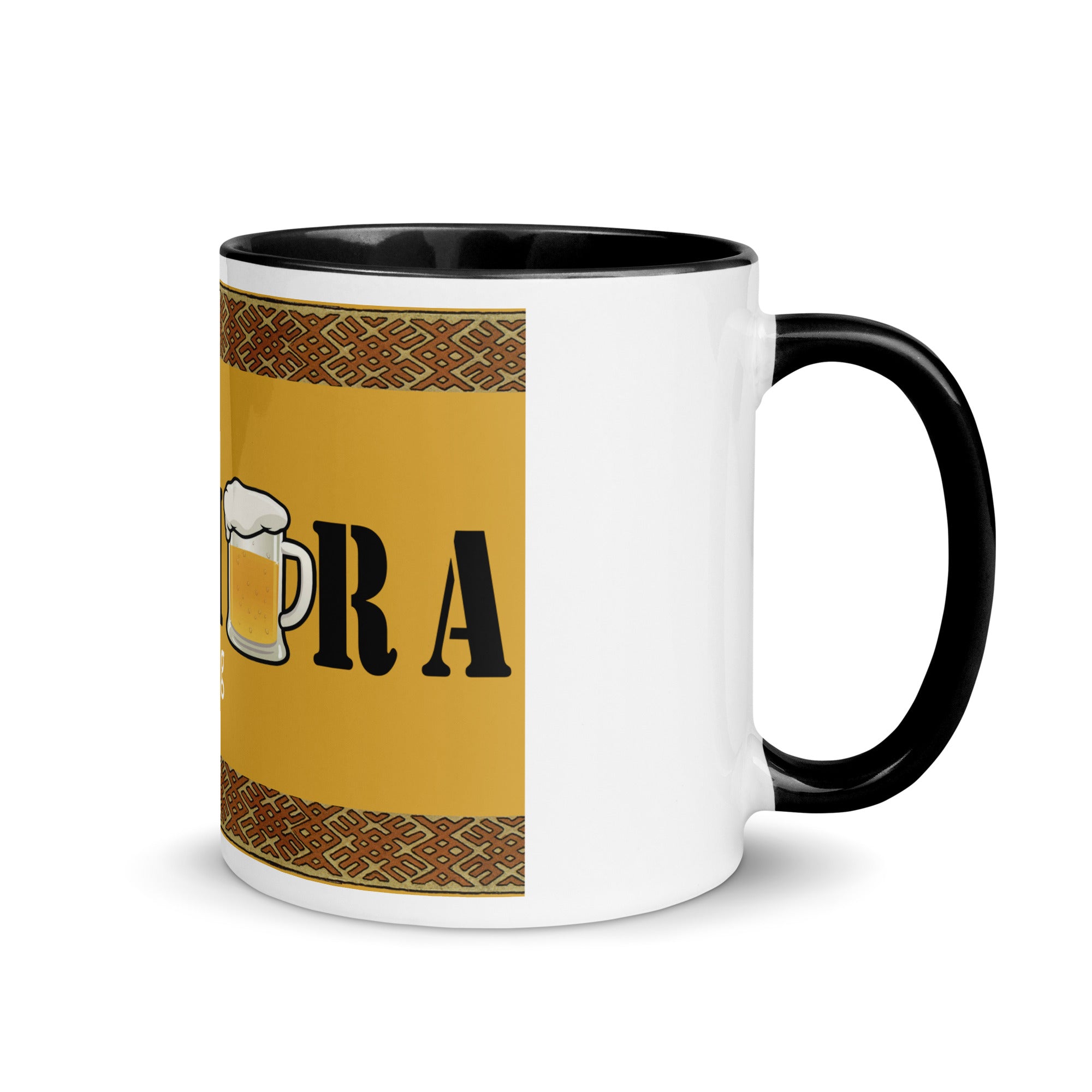 White ceramic mugs with color inside and saying "Kikimora Something is brewing." Referencing the Slavic folklore tales that the swamp creature brews beer.