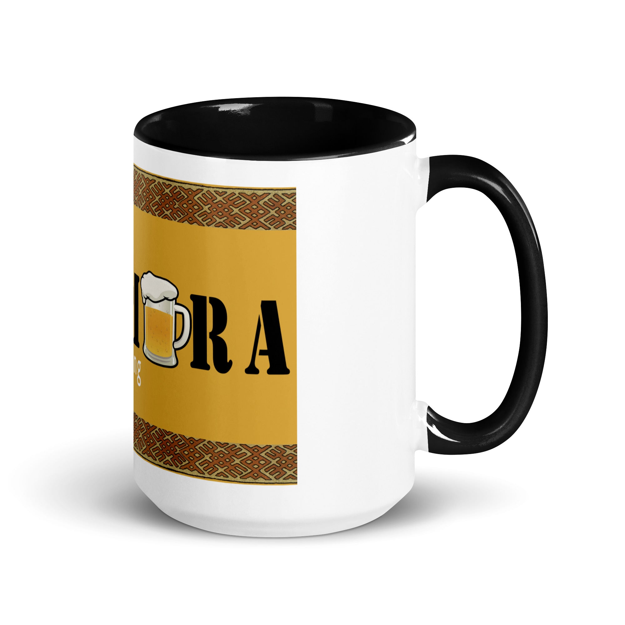 White ceramic mugs with color inside and saying "Kikimora Something is brewing." Referencing the Slavic folklore tales that the swamp creature brews beer.