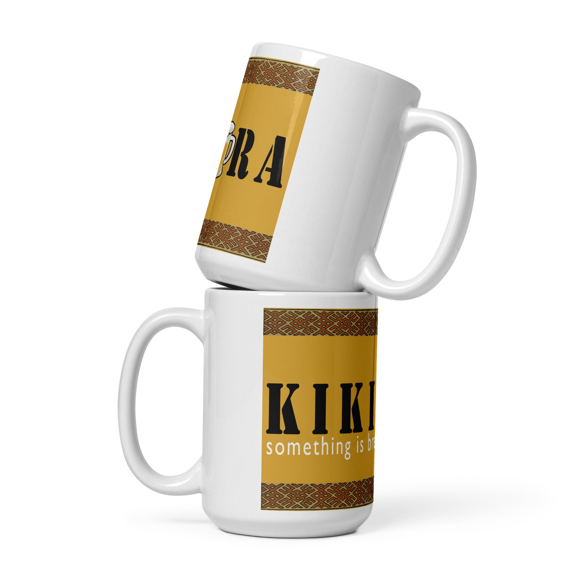 Two white ceramic mugs, 15 oz, with saying "Kikimora Something is brewing." Referencing the Slavic folklore tales that the swamp creature brews beer.