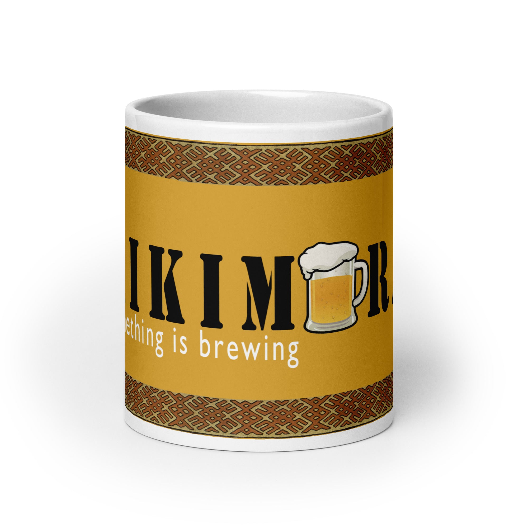 Front view of white ceramic mug with saying "Kikimora Something is brewing." Referencing the Slavic folklore tales that the swamp creature brews beer.