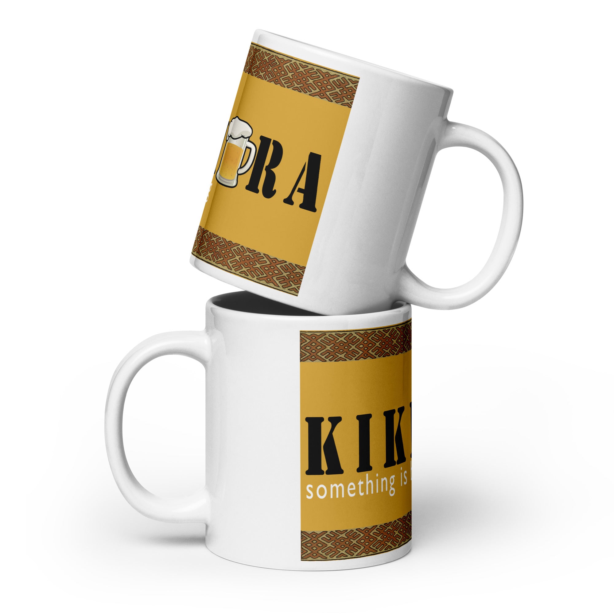 Two white ceramic mugs, 20 oz, with saying "Kikimora Something is brewing." Referencing the Slavic folklore tales that the swamp creature brews beer.