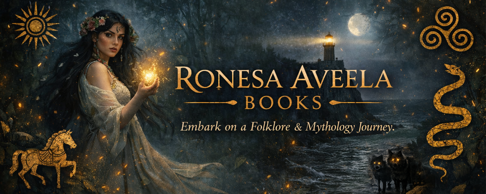 Store banner for Ronesa Aveela Books featuring a mystical lighthouse, ancient symbols, and a magical atmosphere inspired by Bulgarian, Slavic, Thracian, and Greek folklore and mythology