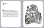 Sample spread from Roots by Ronesa Aveela, featuring a black-and-white illustration of a picturesque Bulgarian village with cozy clay-roofed houses and doves around a tree. The accompanying text invites the reader to explore village life, folk traditions like Kukeri rituals and horo dances, and experience the sights, sounds, and aromas inspired by the author’s heritage and childhood memories. 