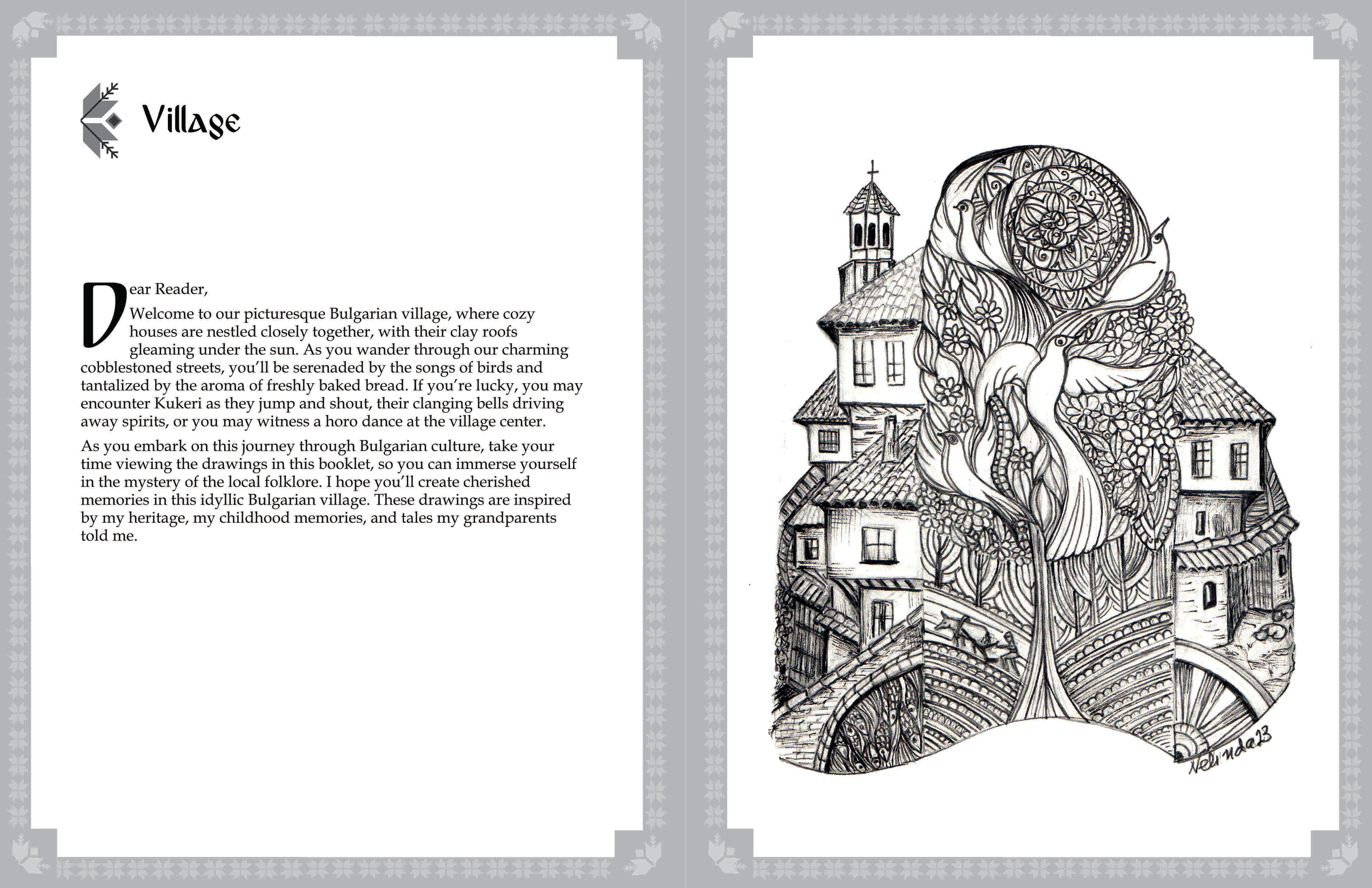 Sample spread from Roots by Ronesa Aveela, featuring a black-and-white illustration of a picturesque Bulgarian village with cozy clay-roofed houses and doves around a tree. The accompanying text invites the reader to explore village life, folk traditions like Kukeri rituals and horo dances, and experience the sights, sounds, and aromas inspired by the author’s heritage and childhood memories. 