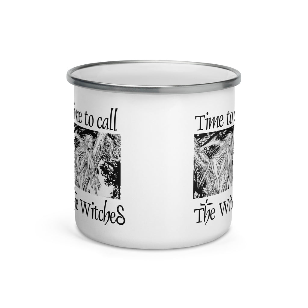 White enamel mugs with an illustration of a rusalka by Ivan Bilibin, with saying "Time to call the witches."
