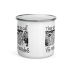 White enamel mugs with an illustration of a rusalka by Ivan Bilibin, with saying "Time to call the witches."